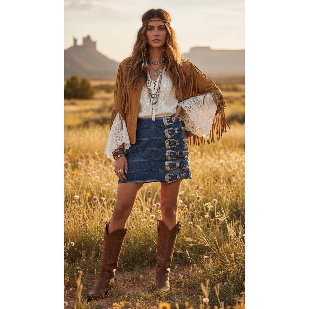 Boho 🤑Western 🔥Denim Mini Skirt Ornate Silver Buckles Festival Cowgirl Chic S